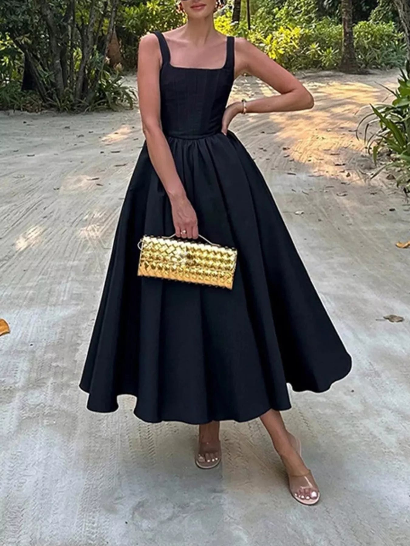 a line midi dress square neck Black MissPap Square Neck A Line Midi Dress