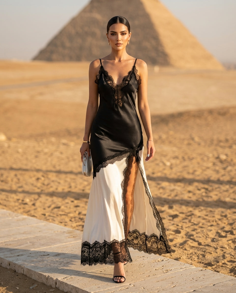 Lace Trimmed Two-Tone Slip Dress