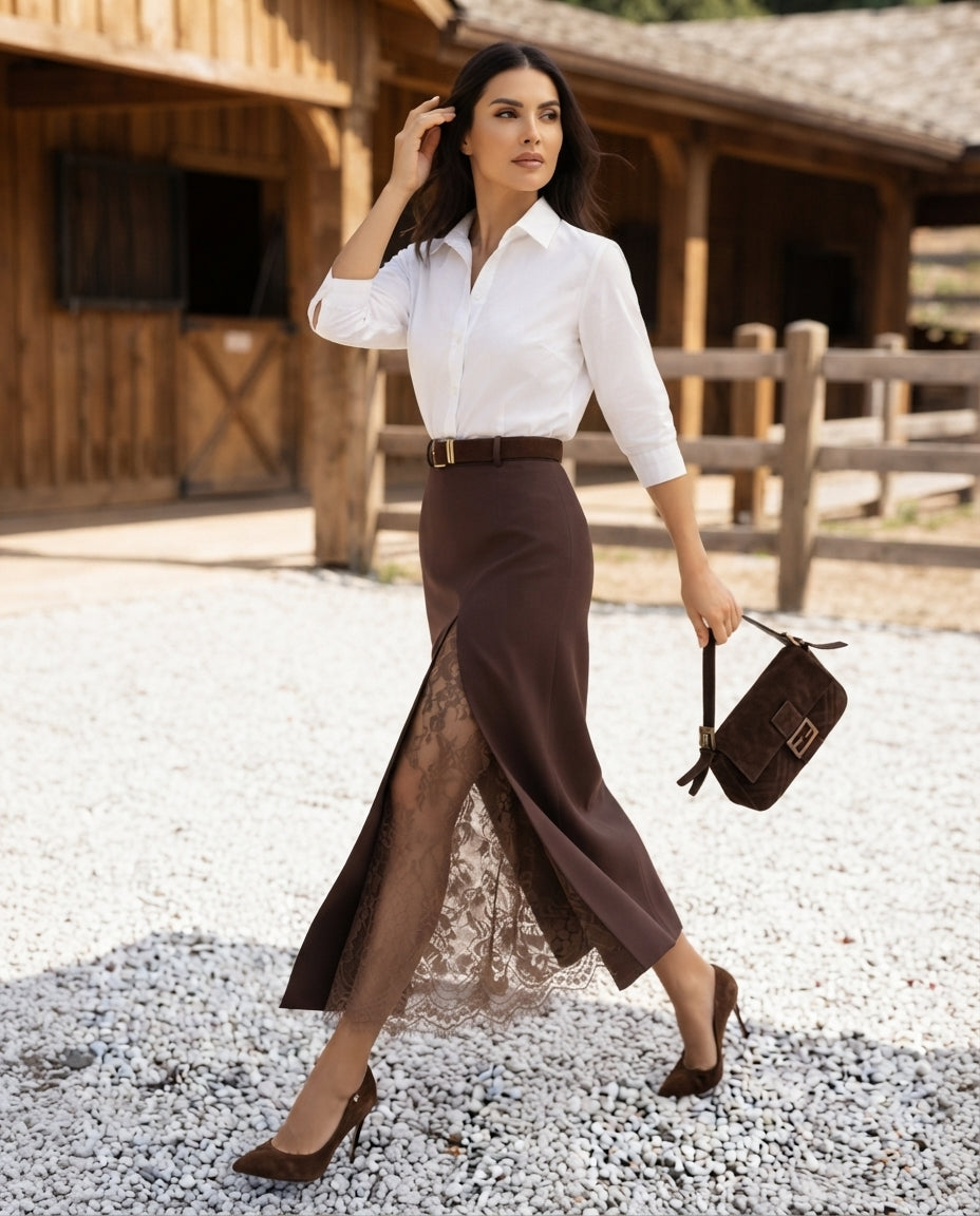 Elegant Lace-Trimmed Slit A-Line Skirt