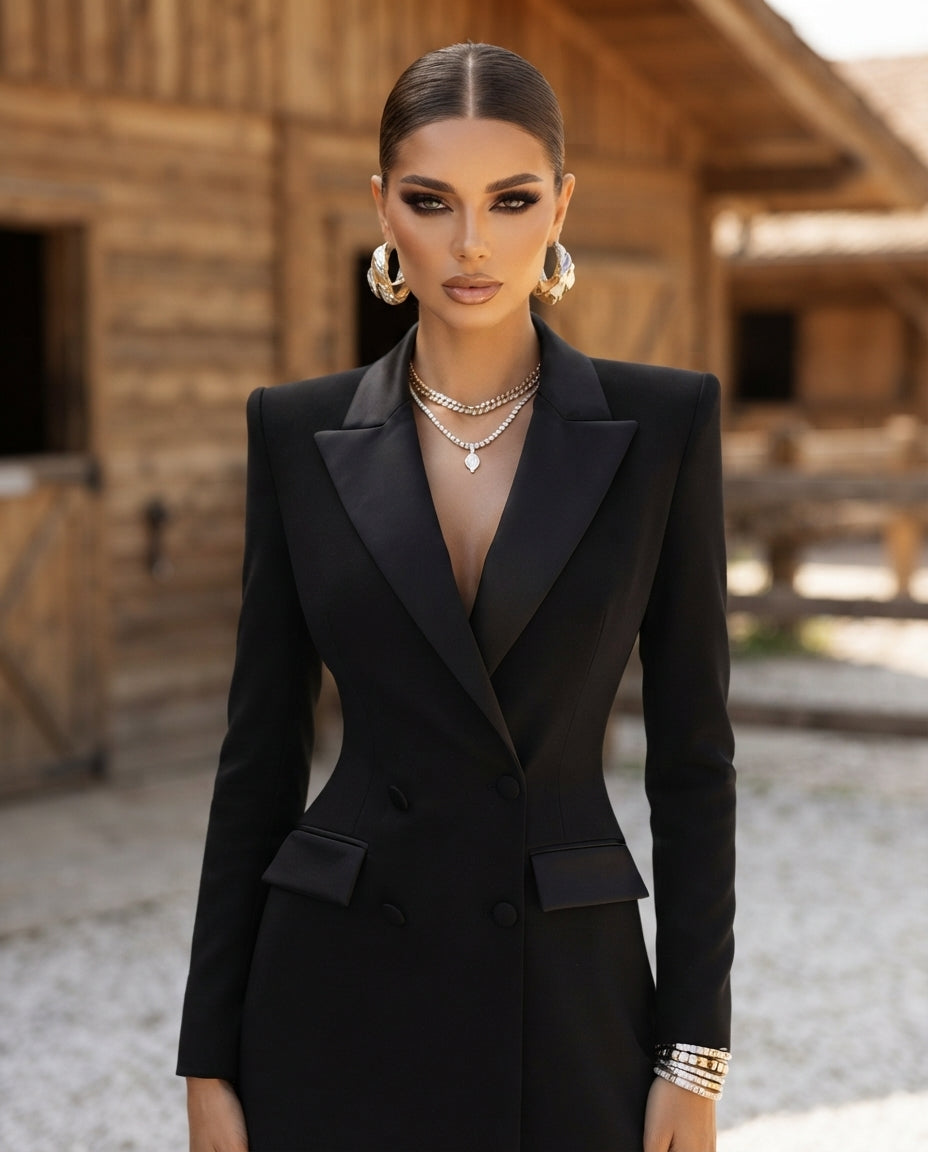 Satin Lapel Double-Breasted Blazer