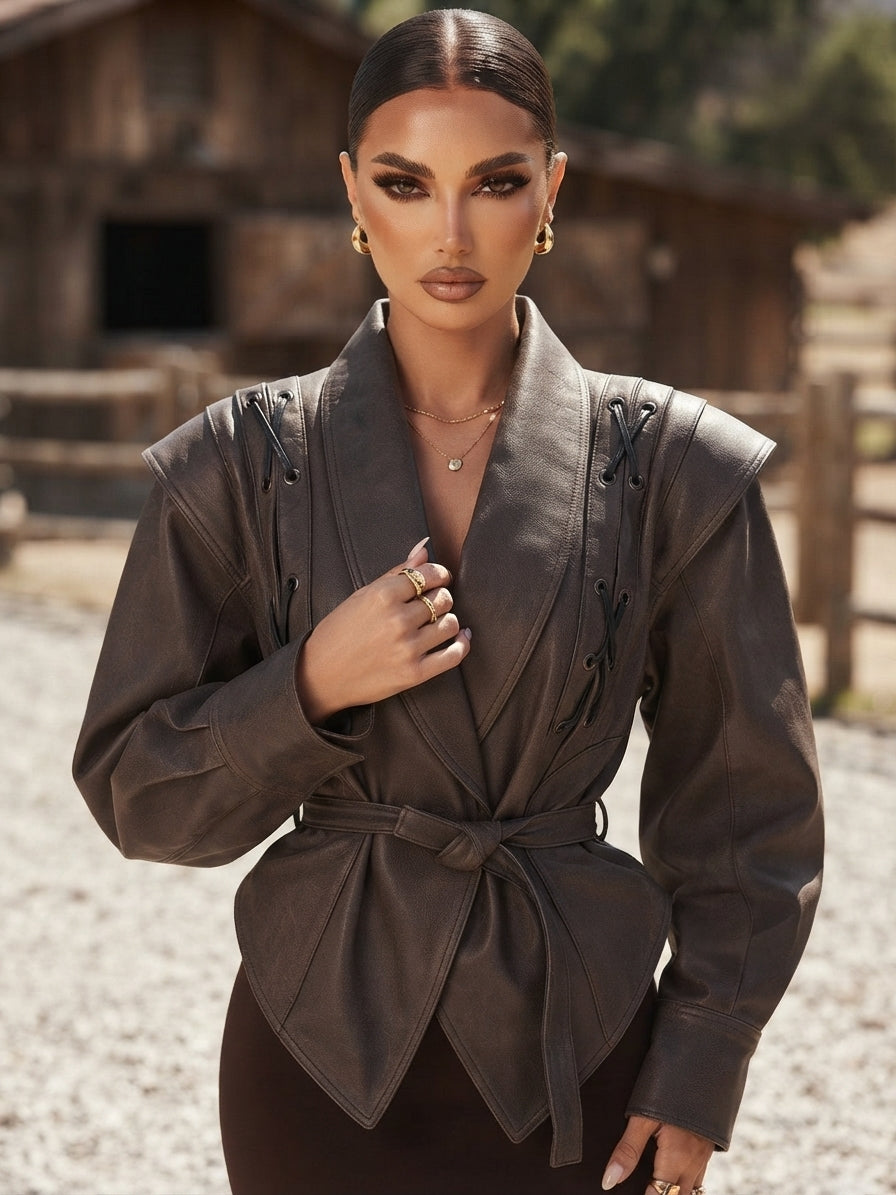 Belted Leather Jacket with Shawl Collar