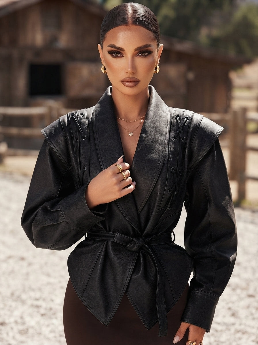 Belted Leather Jacket with Shawl Collar