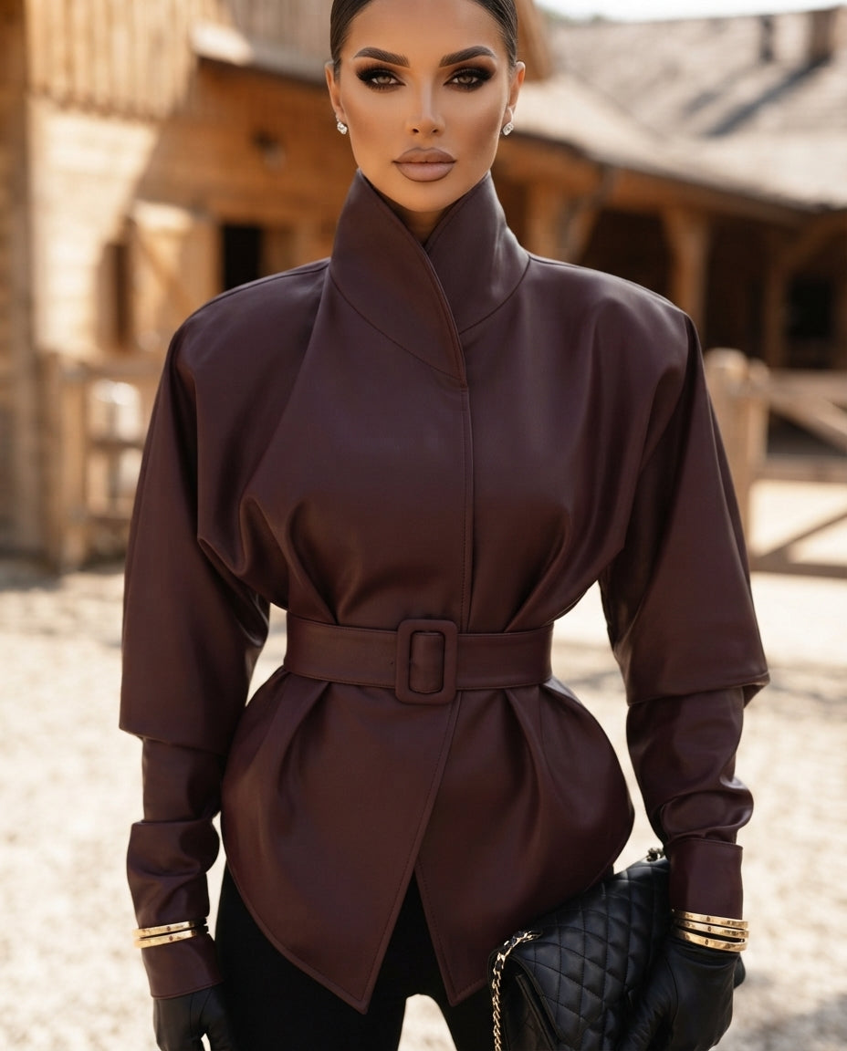 Stand Collar Belted Faux Leather Jacket
