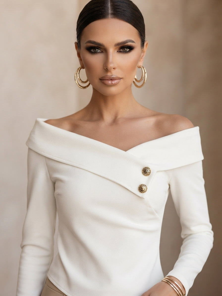 Elegant Off-the-Shoulder Blouse with Decorative Buttons