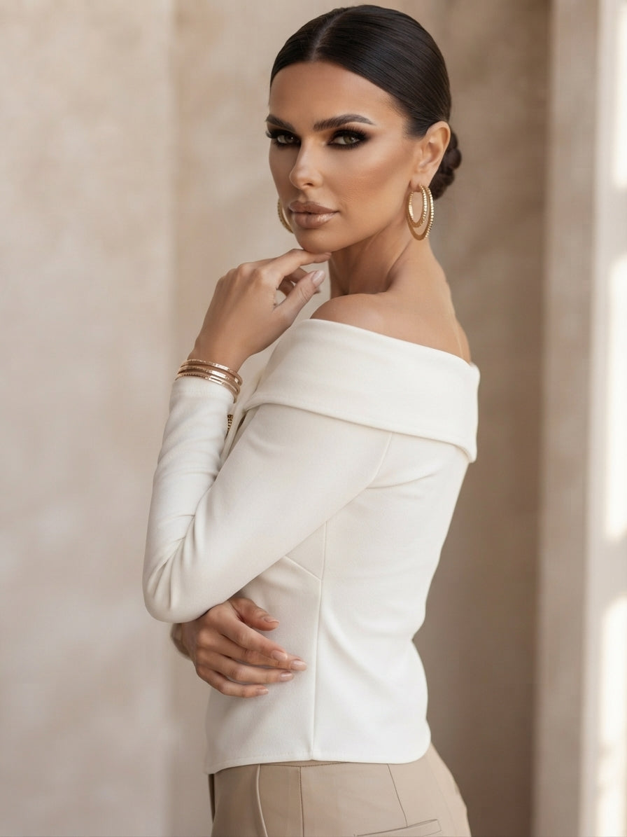 Elegant Off-the-Shoulder Blouse with Decorative Buttons