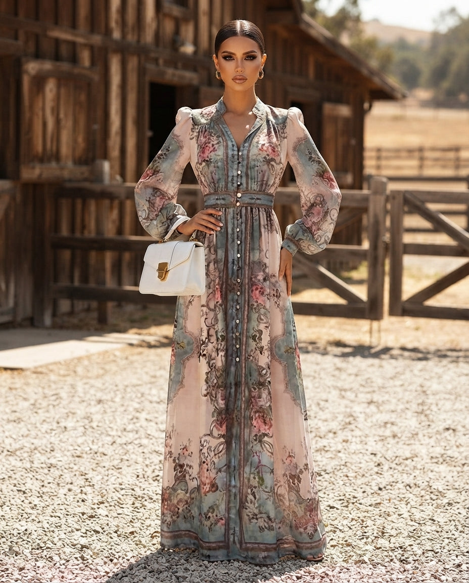 Full Size Floral Print Maxi Dress with Puff Sleeves Plus Size