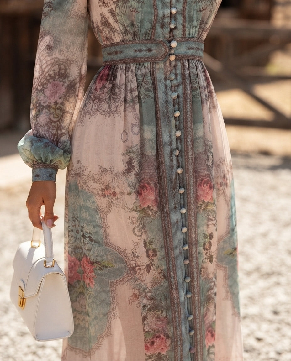 Full Size Floral Print Maxi Dress with Puff Sleeves Plus Size