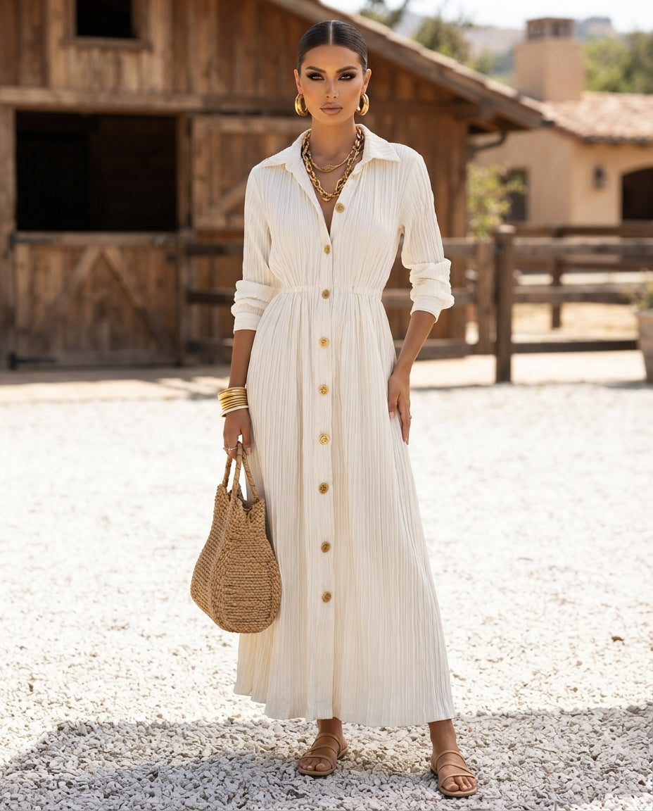 Full Size Textured Button Down Long Sleeve Maxi Dress Plus Size