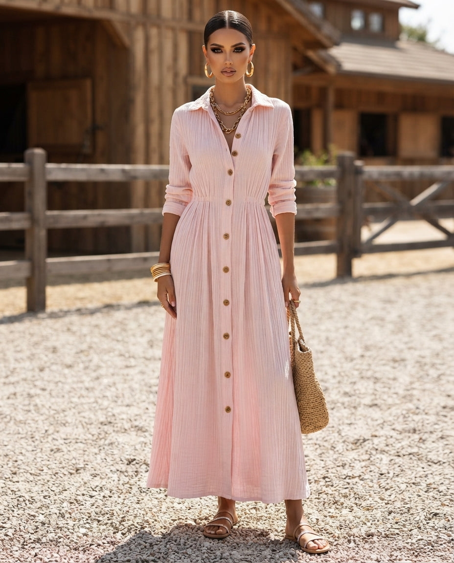 Full Size Textured Button Down Long Sleeve Maxi Dress Plus Size