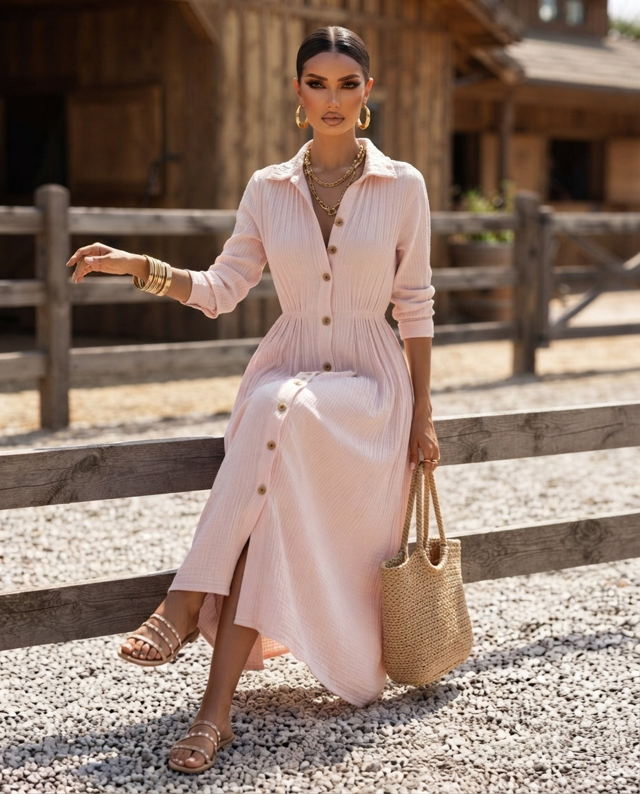 Full Size Textured Button Down Long Sleeve Maxi Dress Plus Size