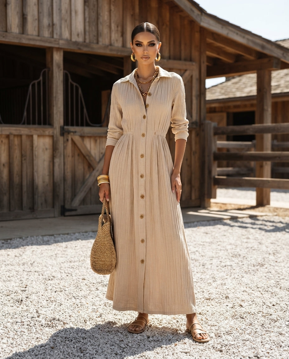 Full Size Textured Button Down Long Sleeve Maxi Dress Plus Size