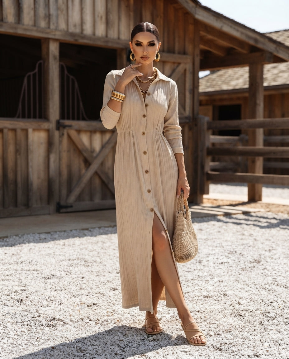 Full Size Textured Button Down Long Sleeve Maxi Dress Plus Size