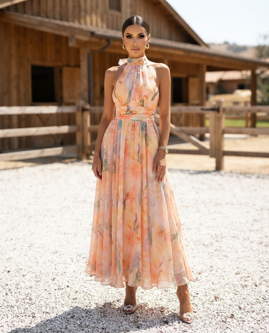 Full Size Halter Neck Floral Print Maxi Dress Plus Size