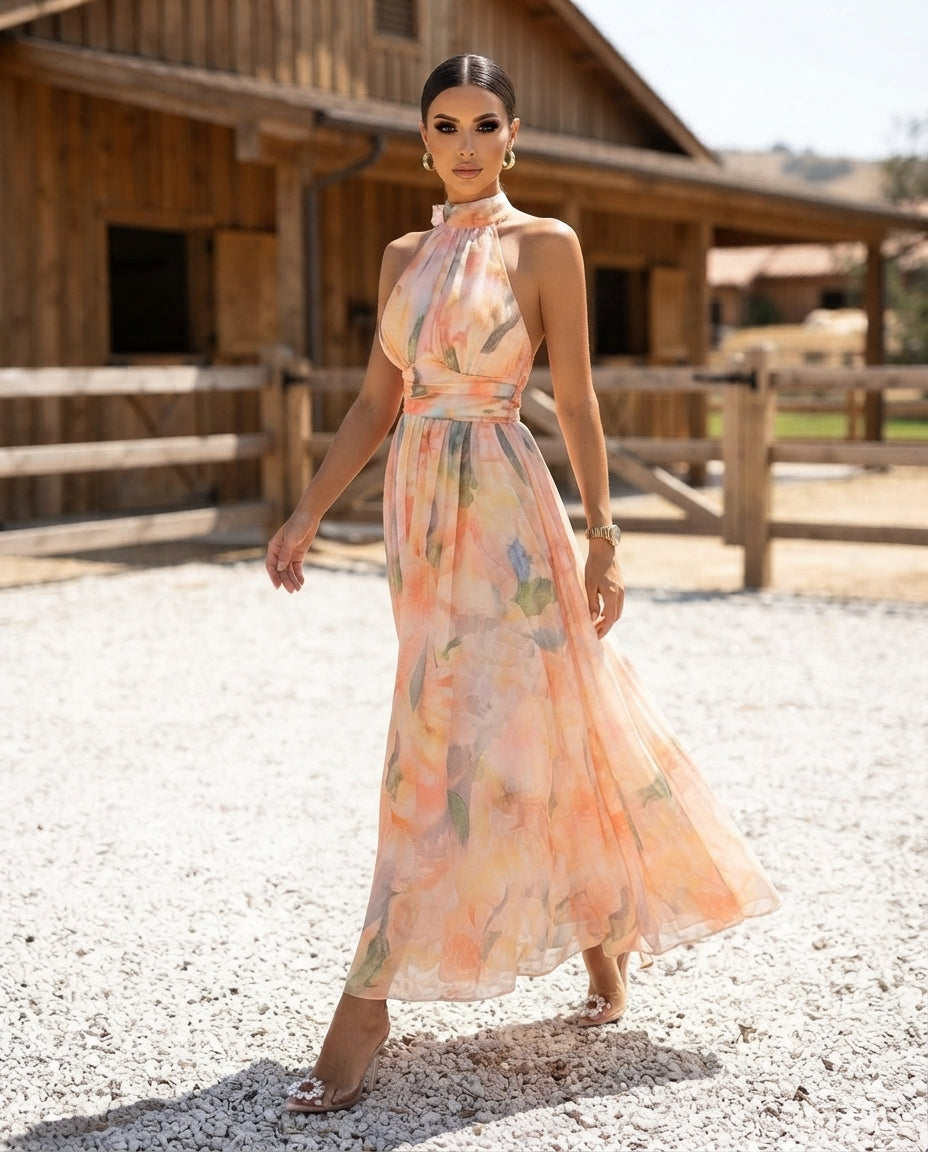 Full Size Halter Neck Floral Print Maxi Dress Plus Size