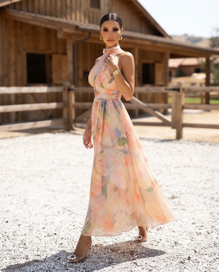 Full Size Halter Neck Floral Print Maxi Dress Plus Size
