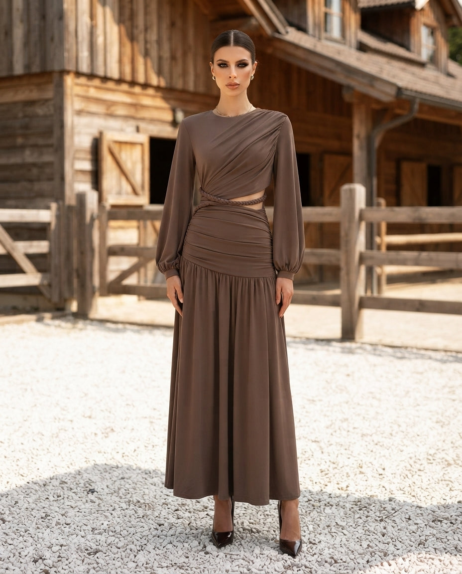 Ruched Long-Sleeve Maxi Dress with Cutout Detail