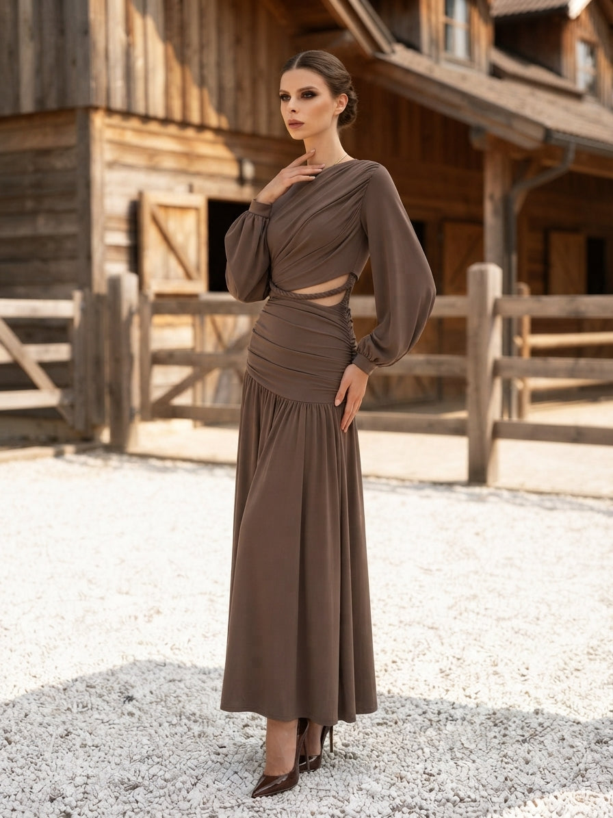 Ruched Long-Sleeve Maxi Dress with Cutout Detail