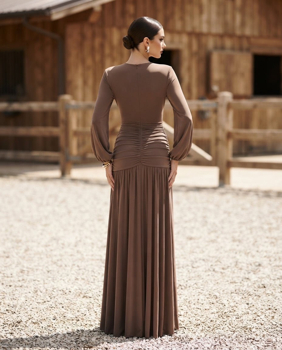 Ruched Long-Sleeve Maxi Dress with Cutout Detail