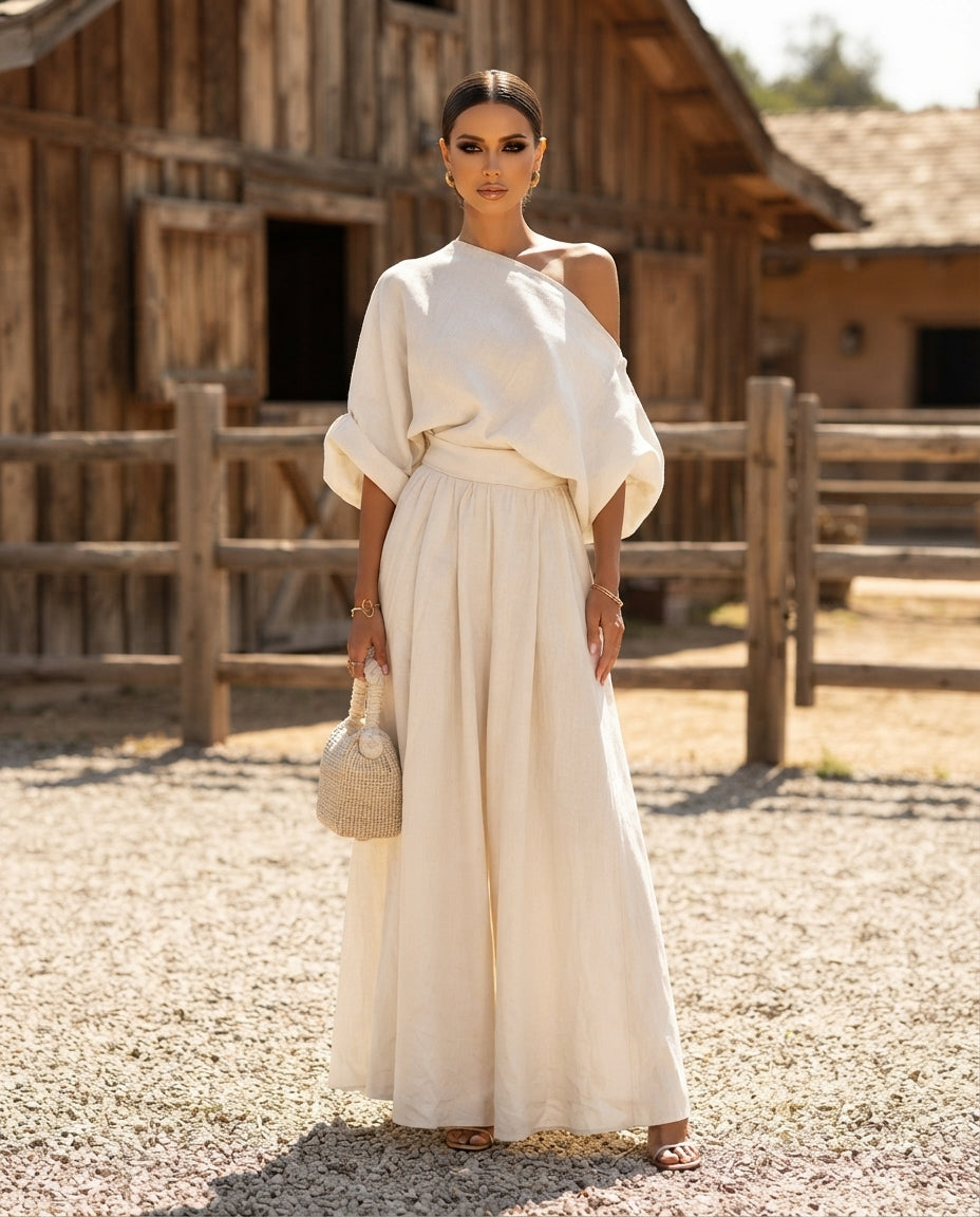 Full Size One Shoulder Top and Wide Leg Pants Set Plus Size