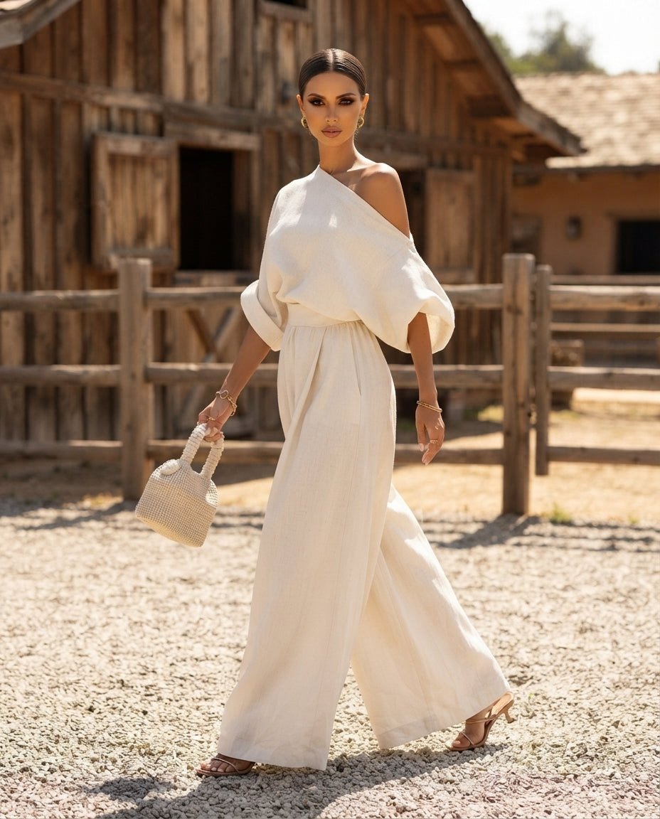 Full Size One Shoulder Top and Wide Leg Pants Set Plus Size