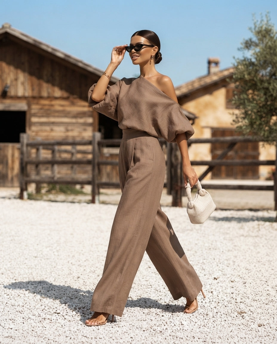 Full Size One Shoulder Top and Wide Leg Pants Set Plus Size