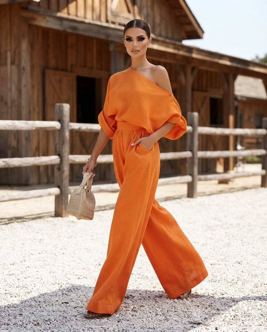 Full Size One Shoulder Top and Wide Leg Pants Set Plus Size