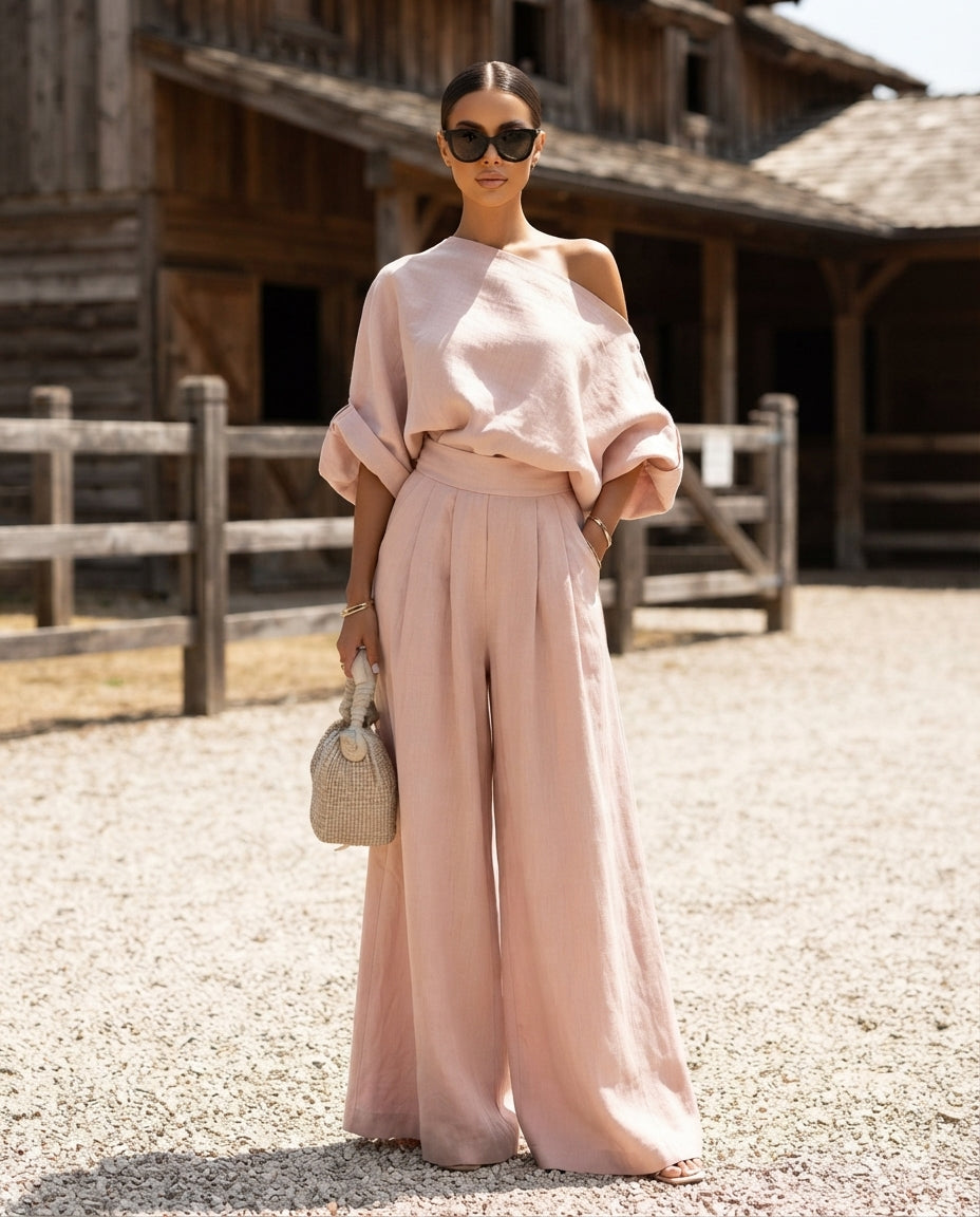 One-Shoulder Top & Wide-Leg Pants Set (Plus Size)