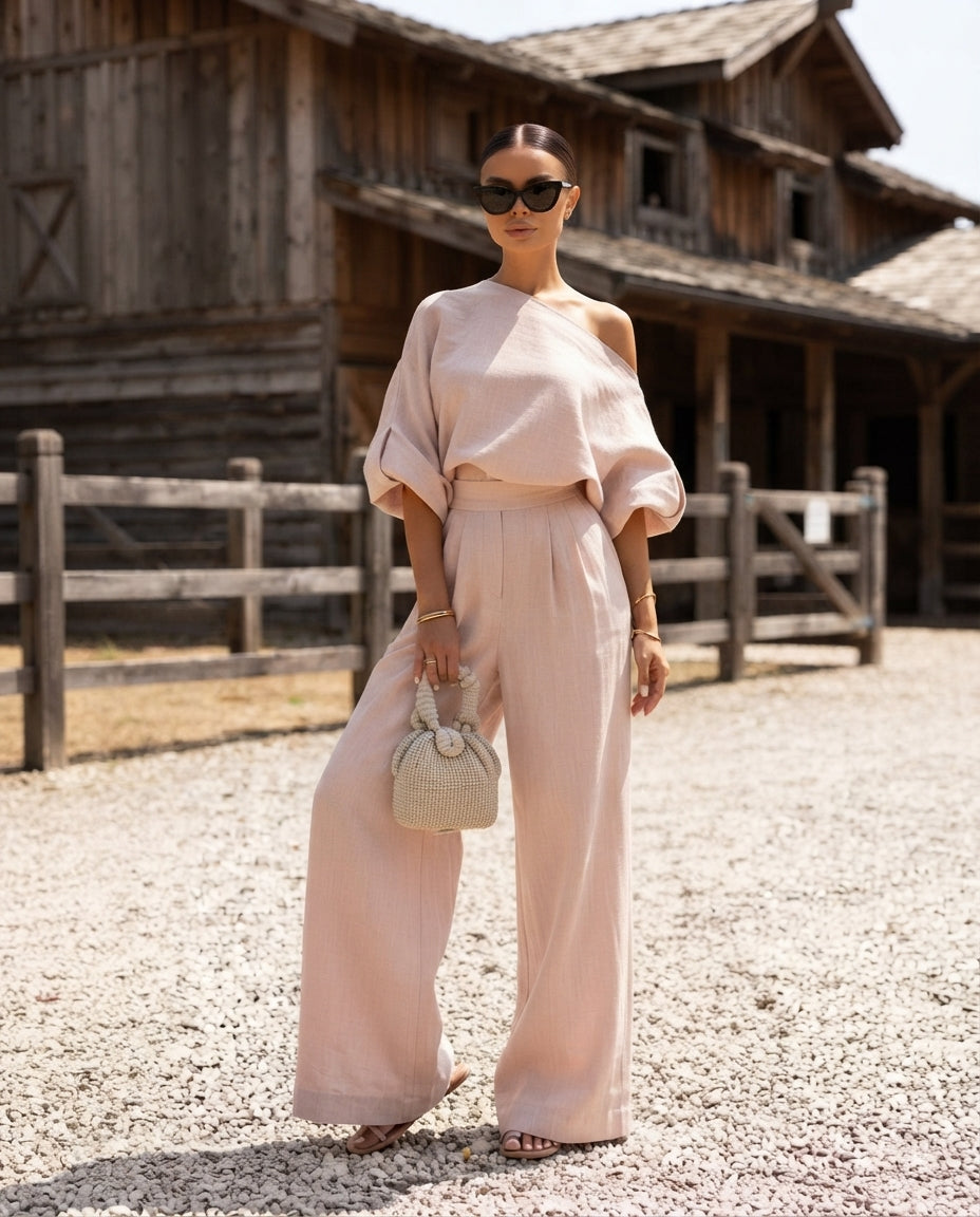 Full Size One Shoulder Top and Wide Leg Pants Set Plus Size