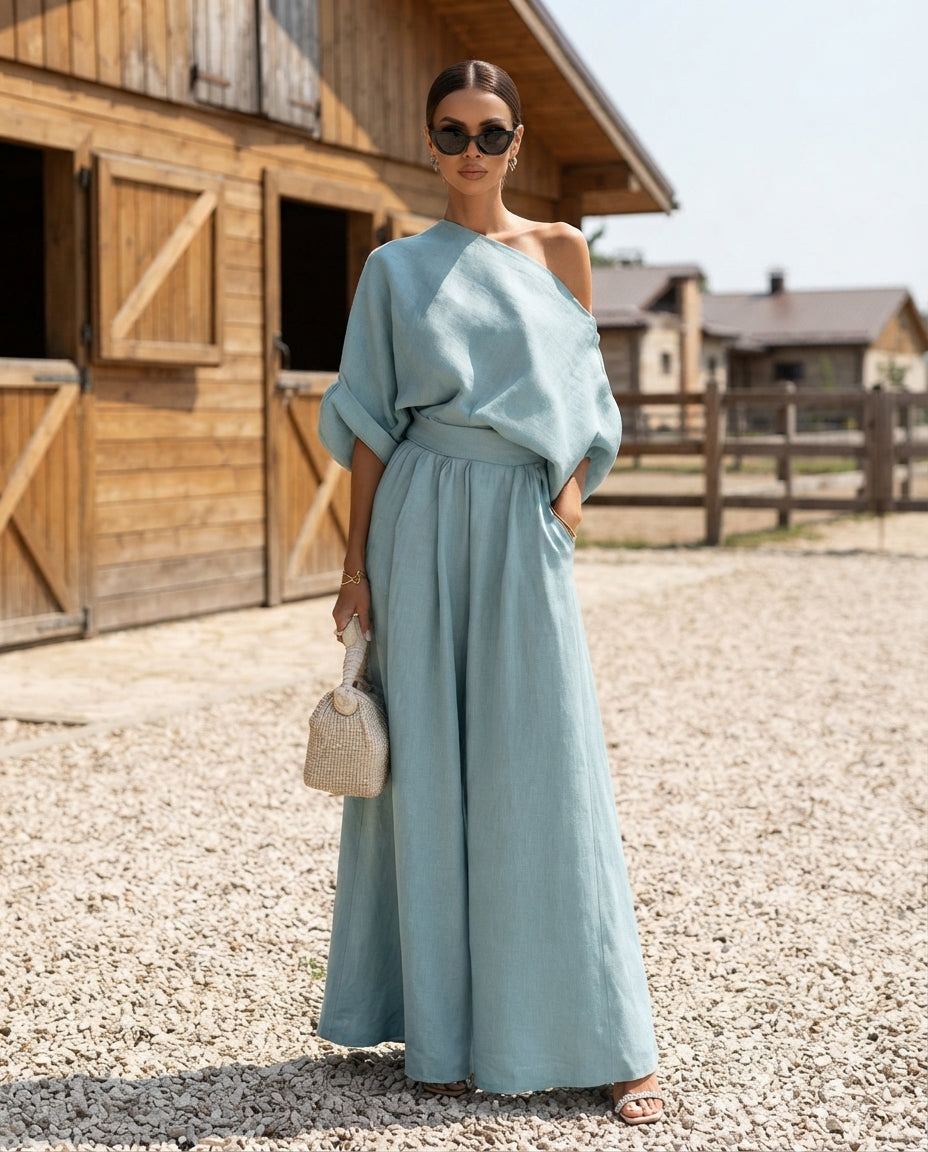 Full Size One Shoulder Top and Wide Leg Pants Set Plus Size