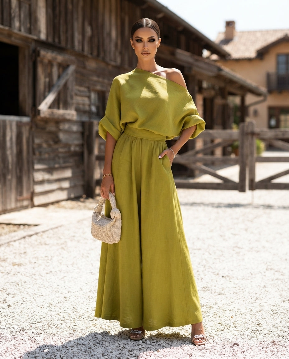 One-Shoulder Top & Wide-Leg Pants Set (Plus Size)