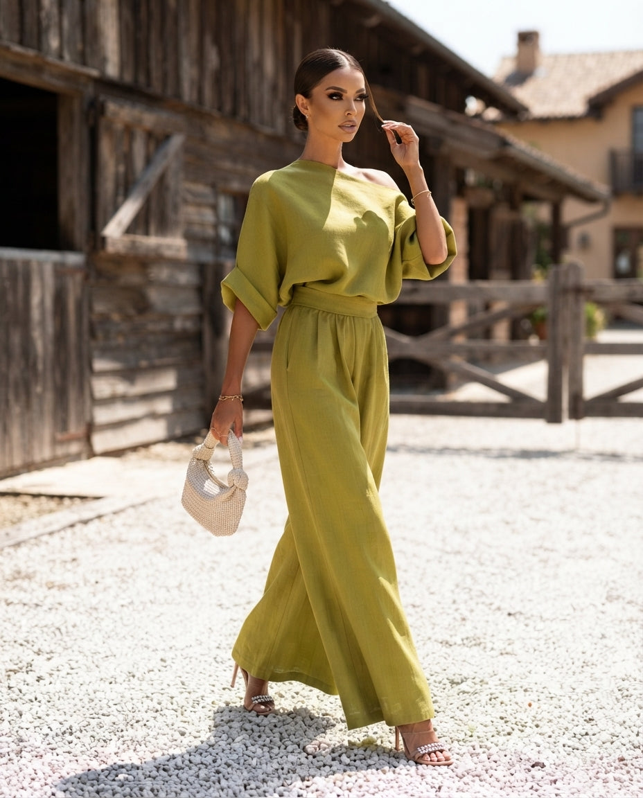 Full Size One Shoulder Top and Wide Leg Pants Set Plus Size