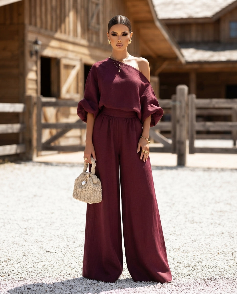 One-Shoulder Top & Wide-Leg Pants Set (Plus Size)