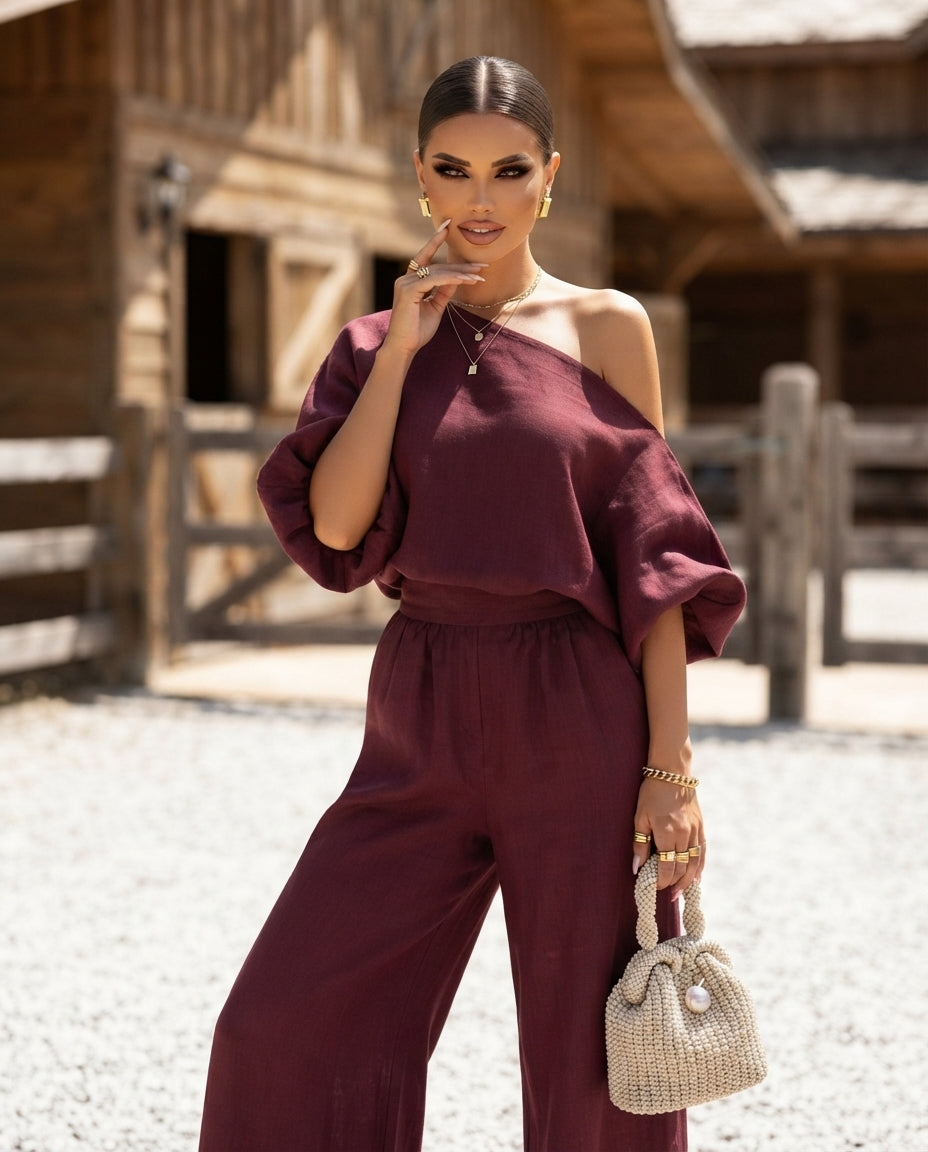 Full Size One Shoulder Top and Wide Leg Pants Set Plus Size