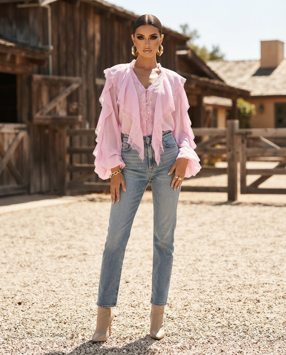 V-Neck Ruffled Lace Trim Blouse