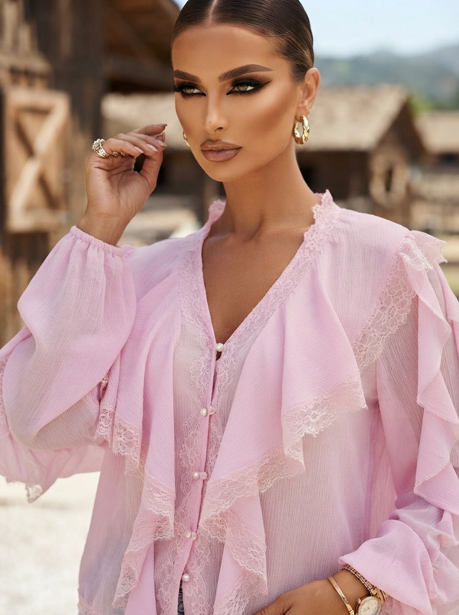 V-Neck Lace-Trim Blouse