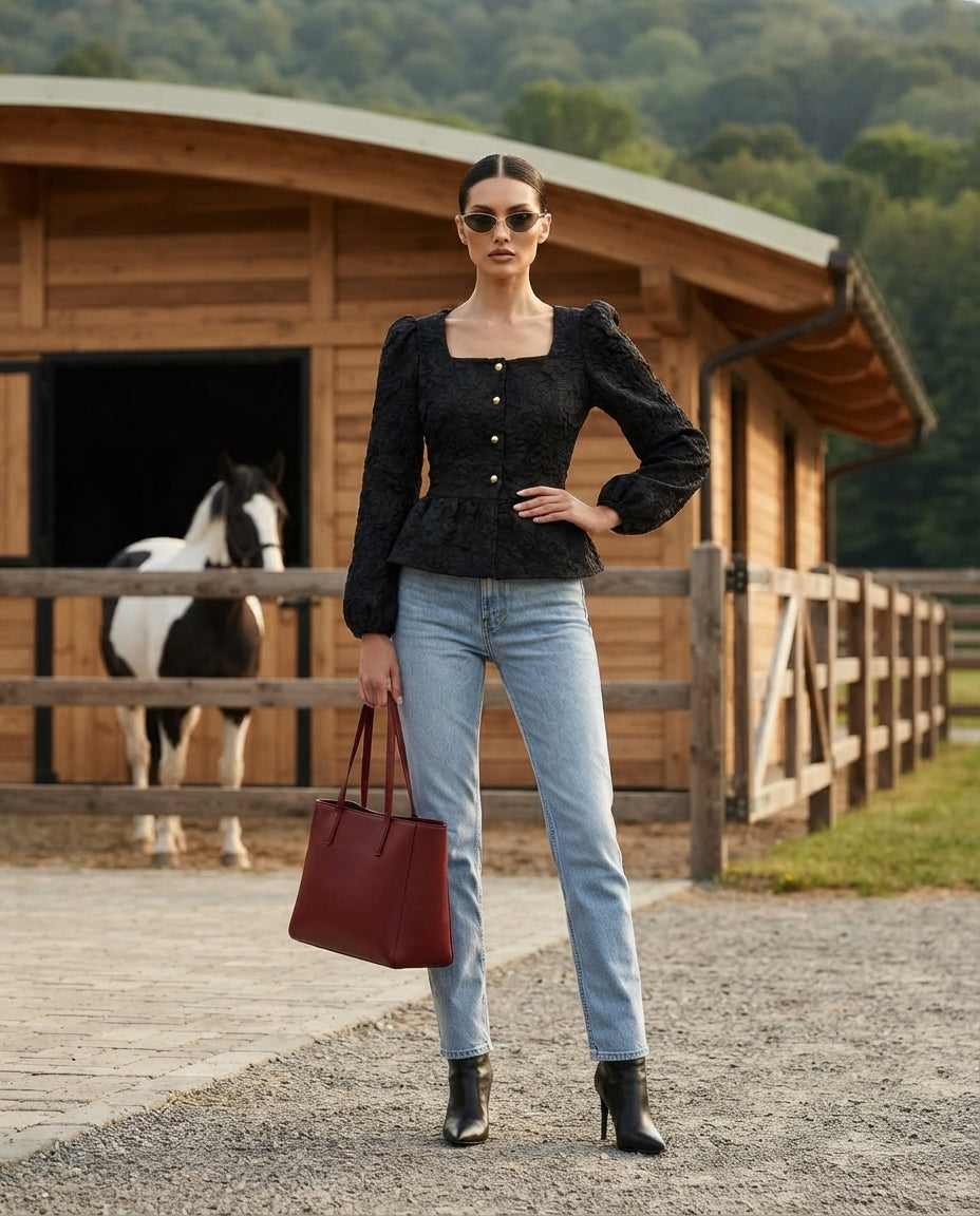 Square Neck Textured Peplum Blouse