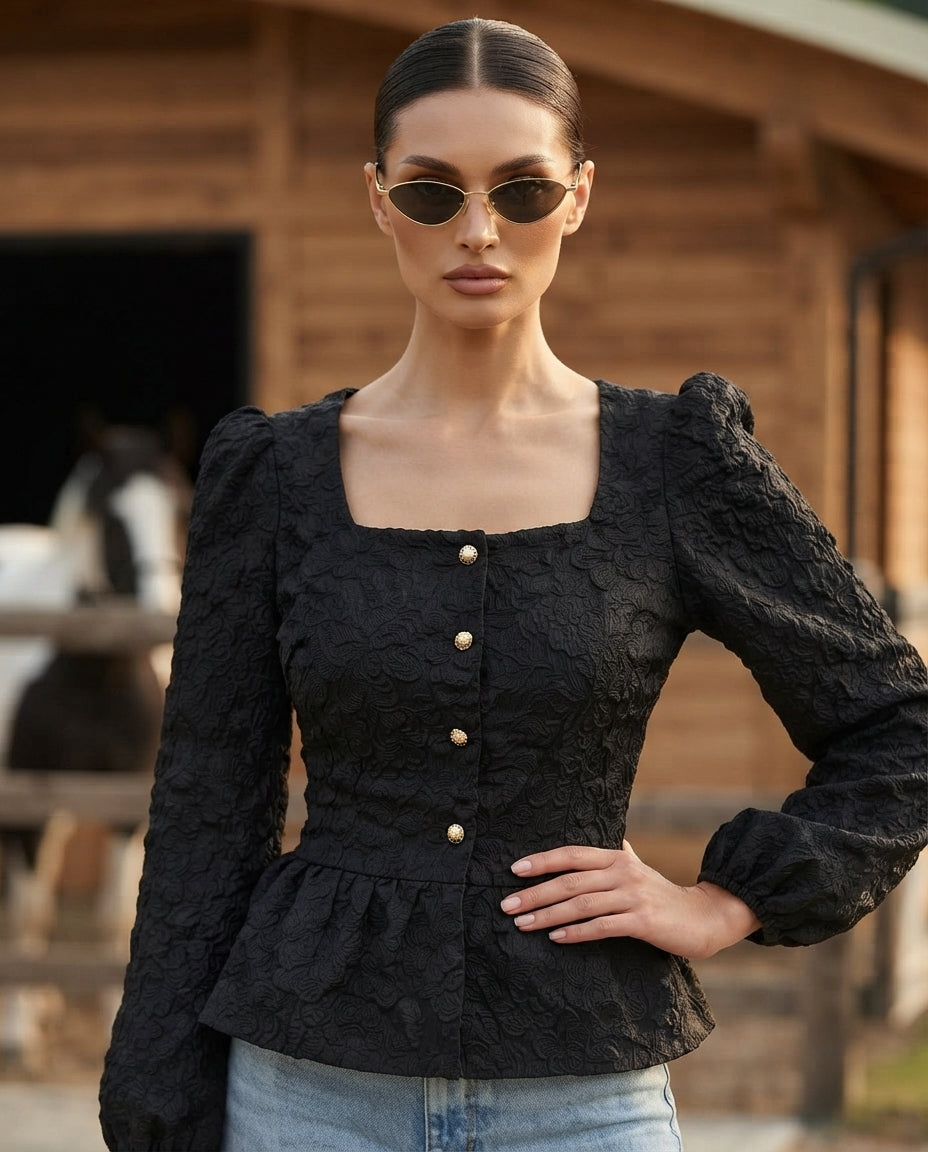 Square Neck Textured Peplum Blouse