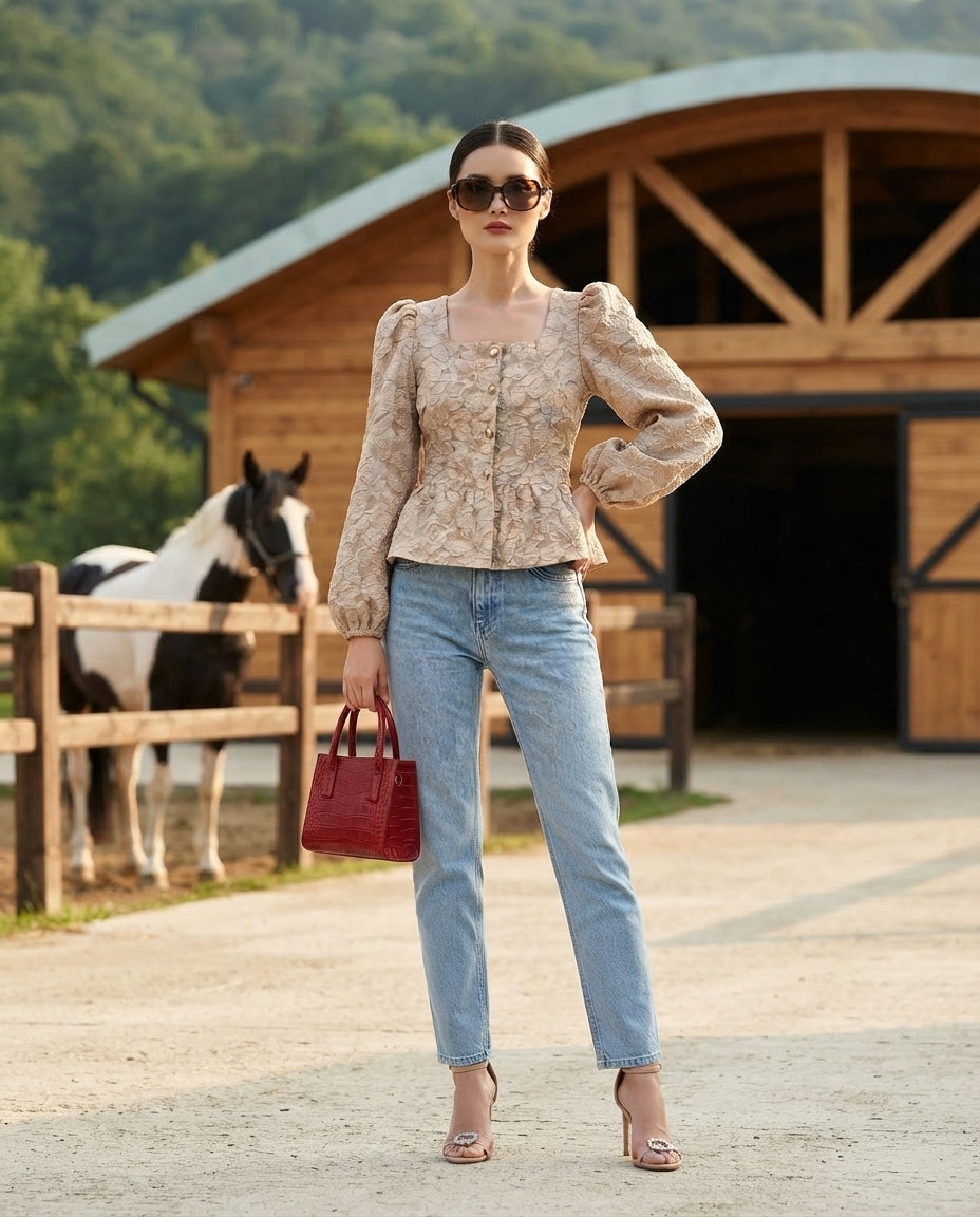 Square Neck Textured Peplum Blouse