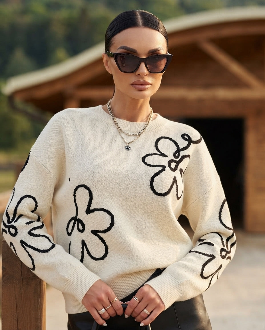 Dropped-Shoulder Floral Sweater