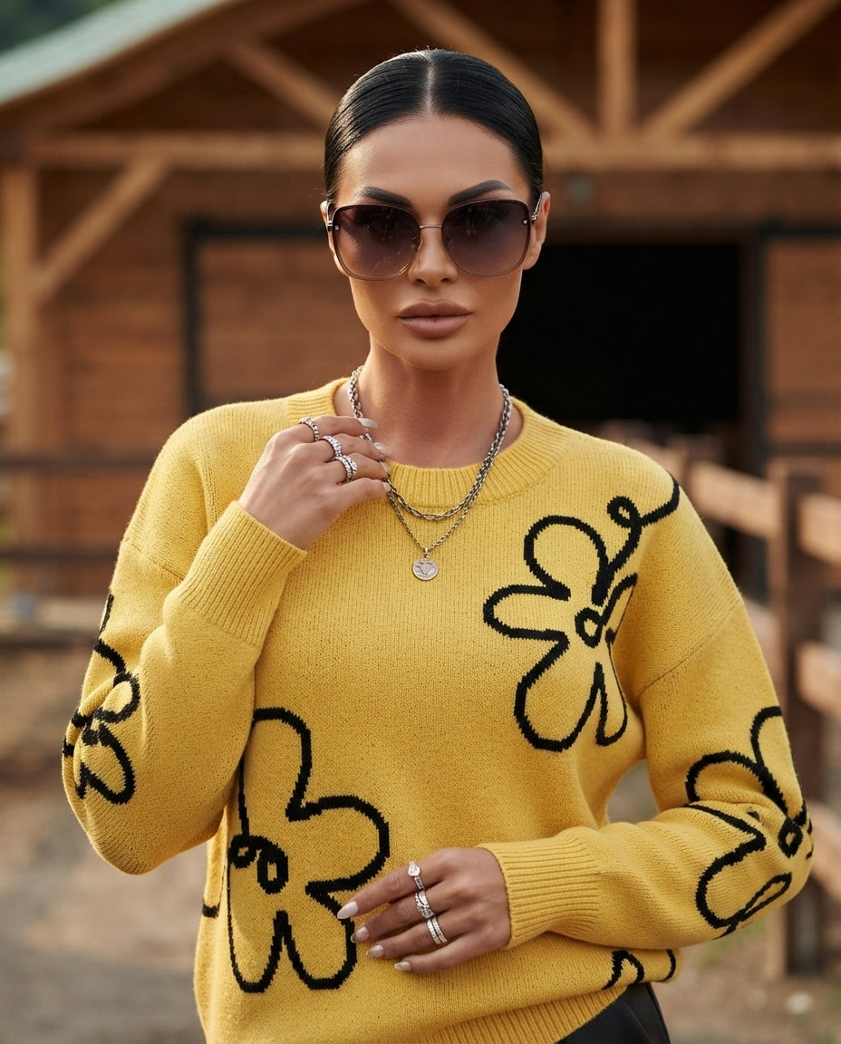 Dropped-Shoulder Floral Sweater