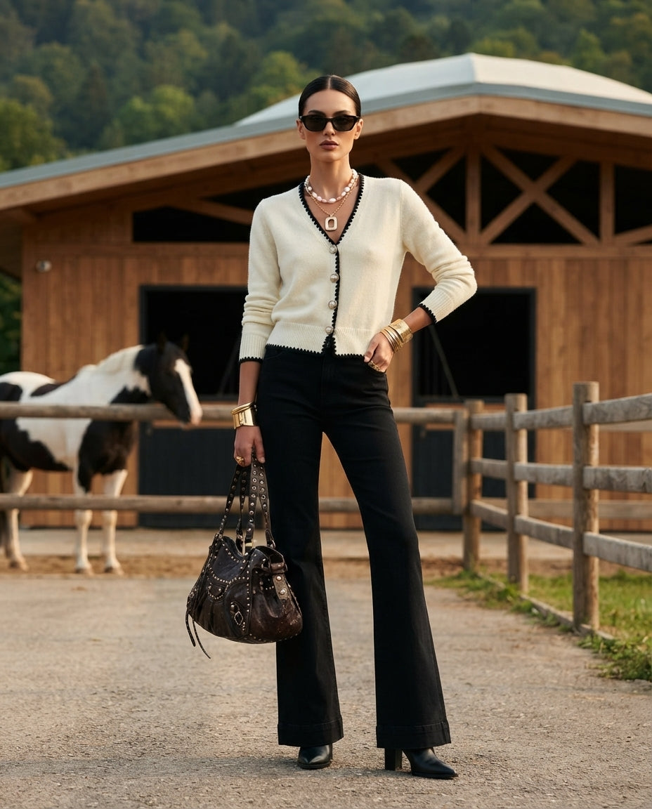 Contrast-Trim V-Neck Cardigan