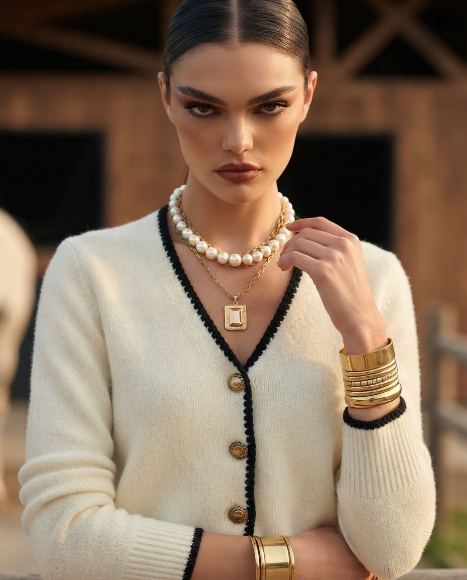 Contrast-Trim V-Neck Cardigan