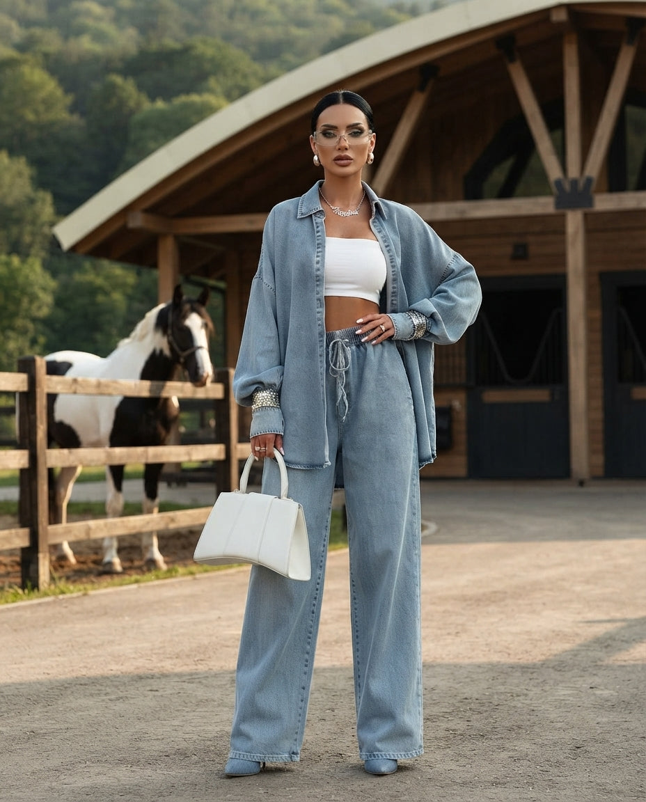 Washed Denim Shirt & Wide-Leg Set