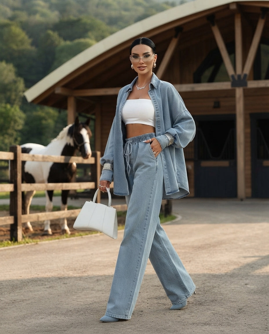 Washed Denim Shirt & Wide-Leg Set