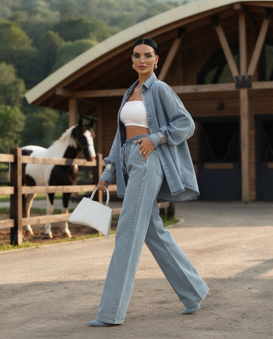 Washed Denim Shirt & Wide-Leg Set