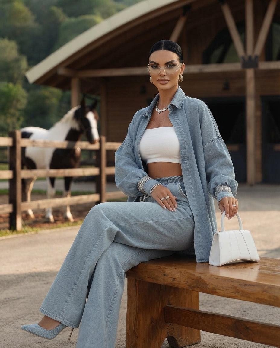 Washed Denim Shirt & Wide-Leg Set