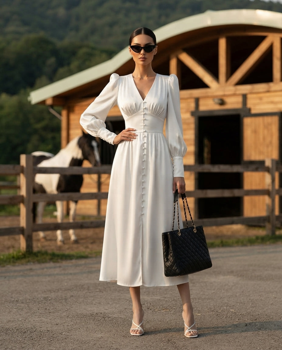 Lantern-Sleeve V-Neck Midi Dress