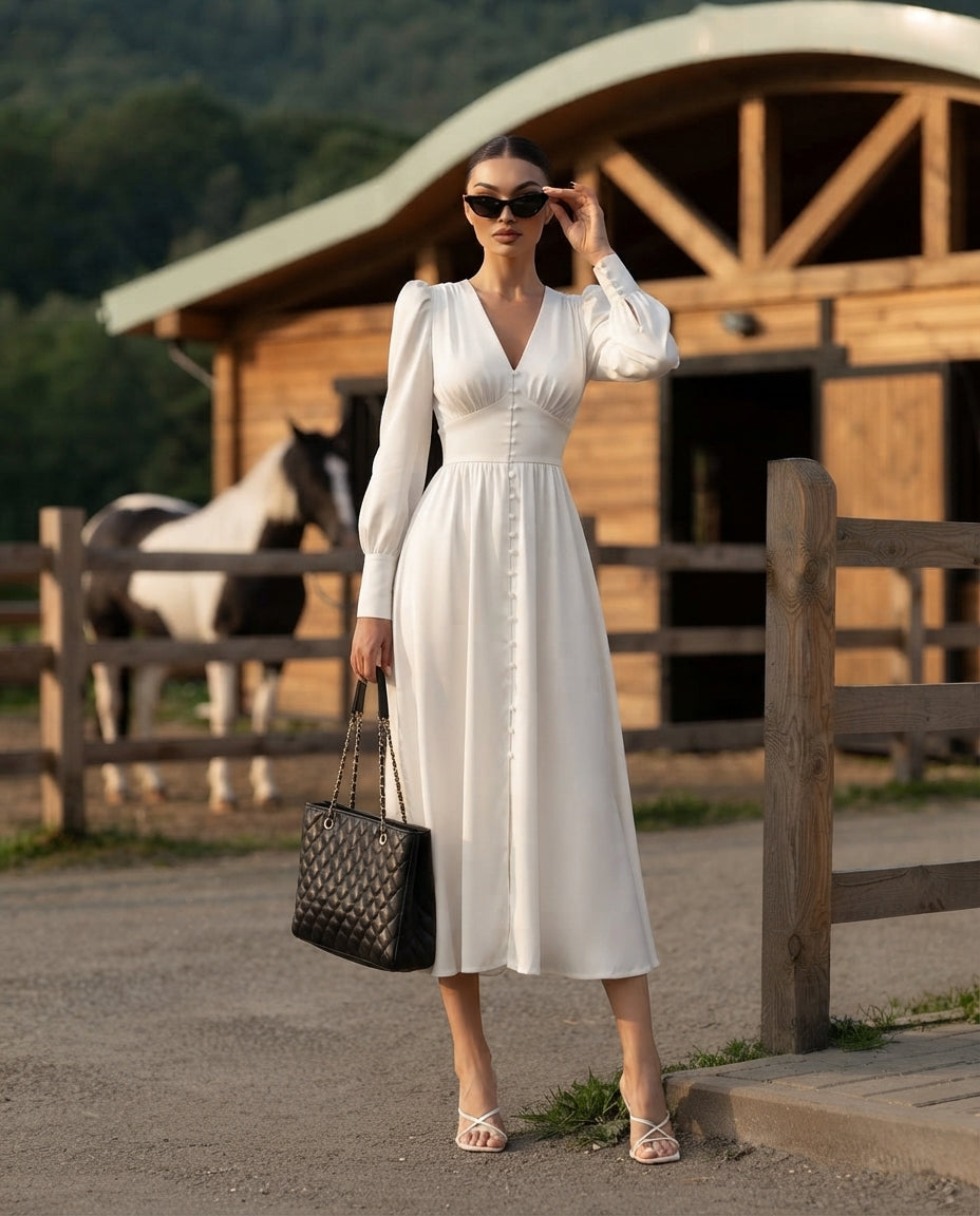 Lantern-Sleeve V-Neck Midi Dress