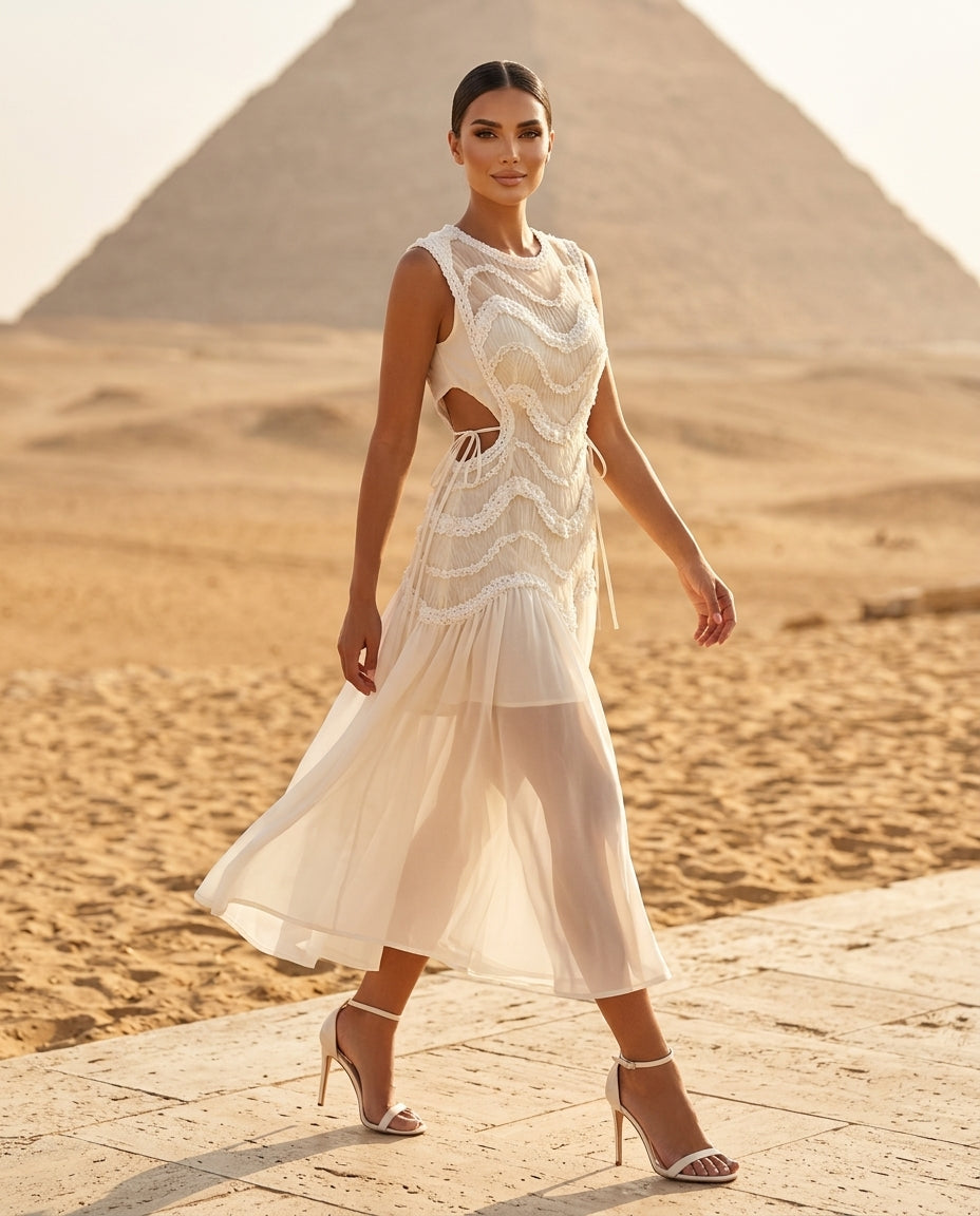 Lace Trimmed Sleeveless Midi Dress