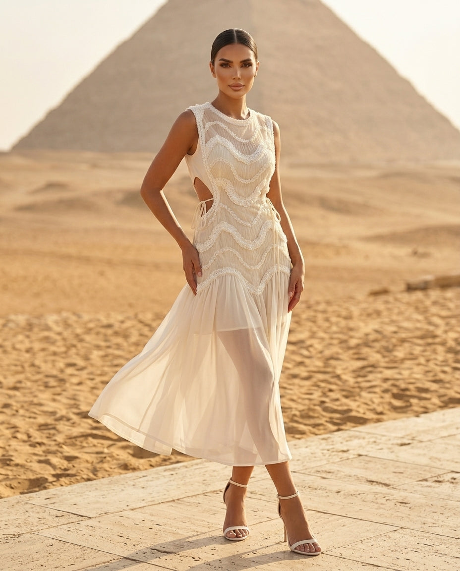 Lace Trimmed Sleeveless Midi Dress